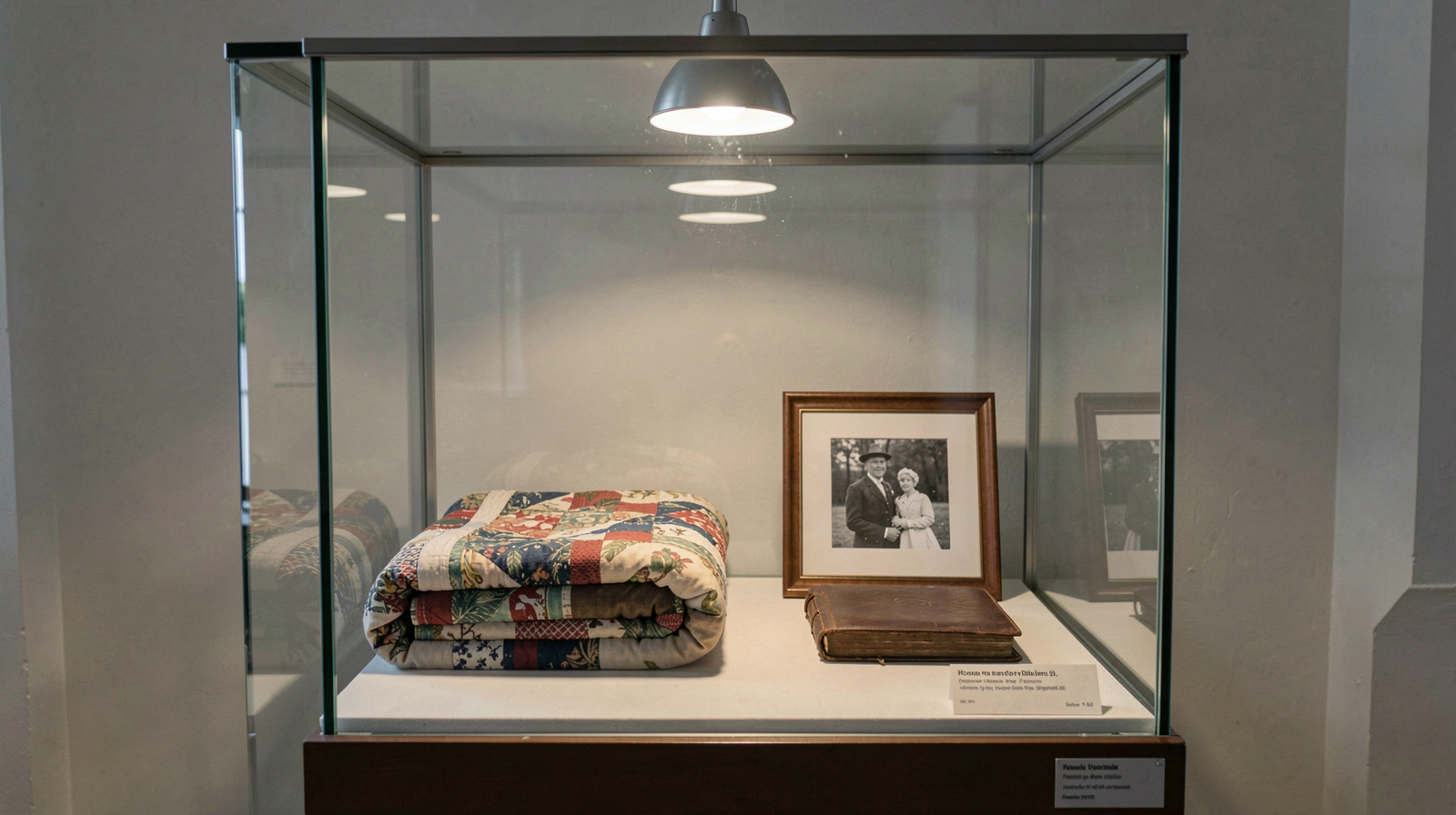 A glass display case in a small county museum holding a folded quilt, a closed leather ledger and a framed black and white photograph, lit by a single overhead lamp, shot straight on from a few feet back.