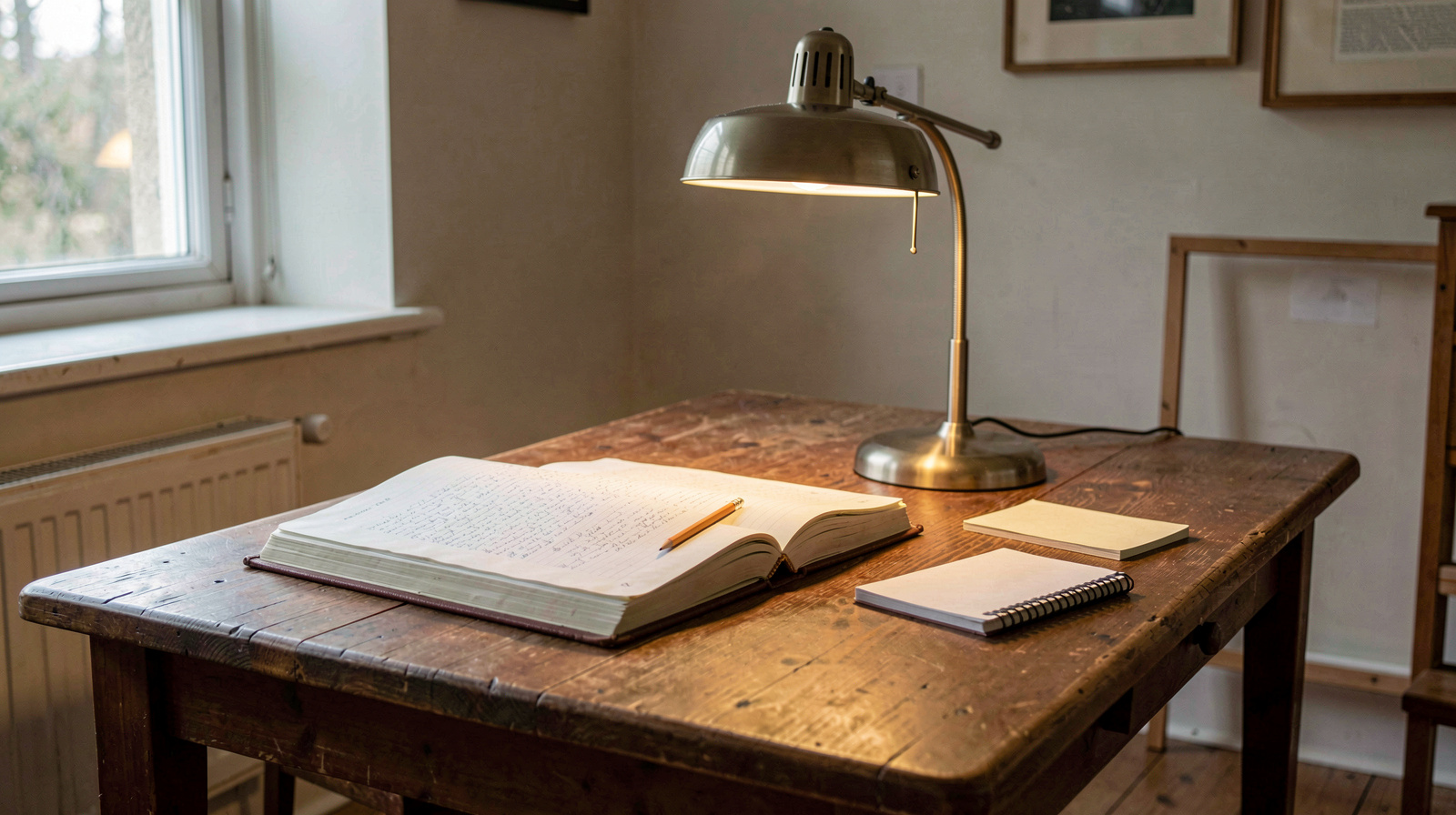 A reading room table in a small county museum, an open bound ledger under a low lamp, a pencil and a notepad beside it, soft window light from the left